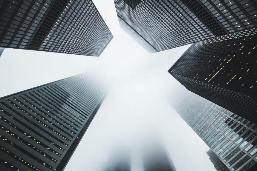 A view from below of the high-rise buildings in Toronto.