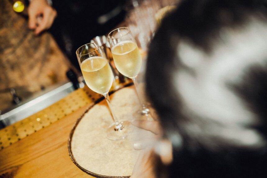 Glasses of wine served on a tray in a restaurant in Langley Canada.