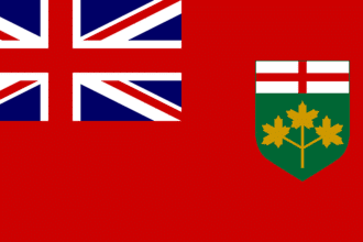 A red flag with the United Kingdom flag on the left corner and the Ontario flag on the side.