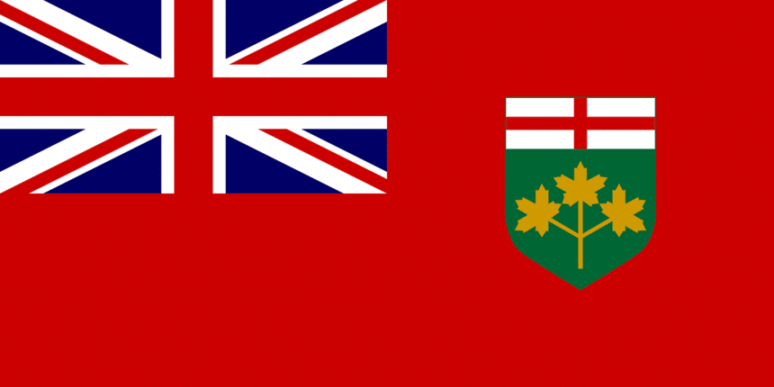 A red flag with the United Kingdom flag on the left corner and the Ontario flag on the side.
