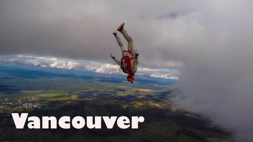 A person in the air during the Vancouver skydiving experience.