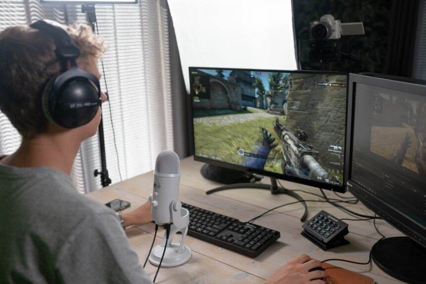 A person playing a game with multiple computers on the table.