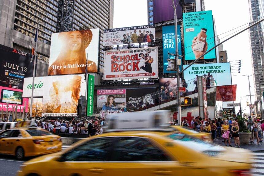 Various posters and billboards for advertising.