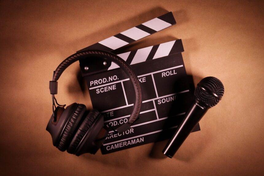 A clapboard, headphones and a mic kept together on a surface.