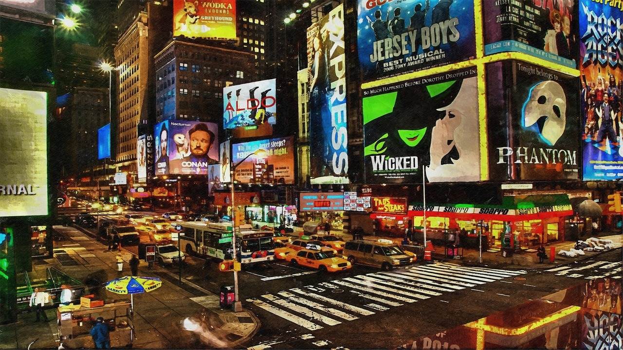Many ad posters of different products are on the buildings.