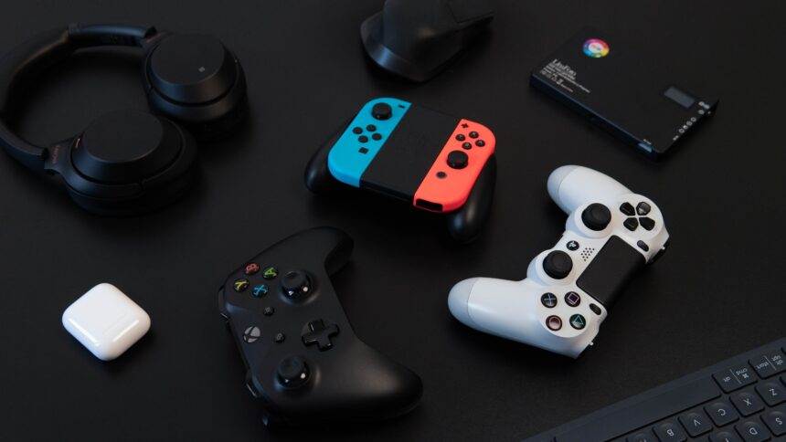 An aesthetic view of gaming, with controllers and headphones.