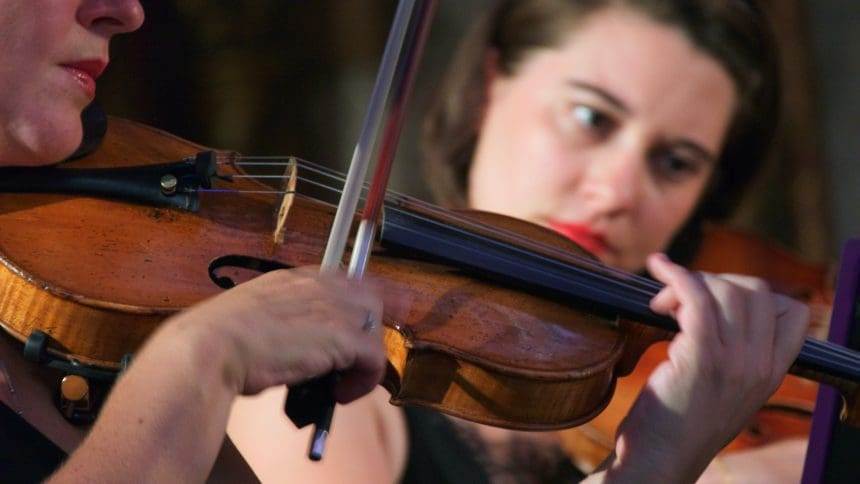 People playing violin during a performance.