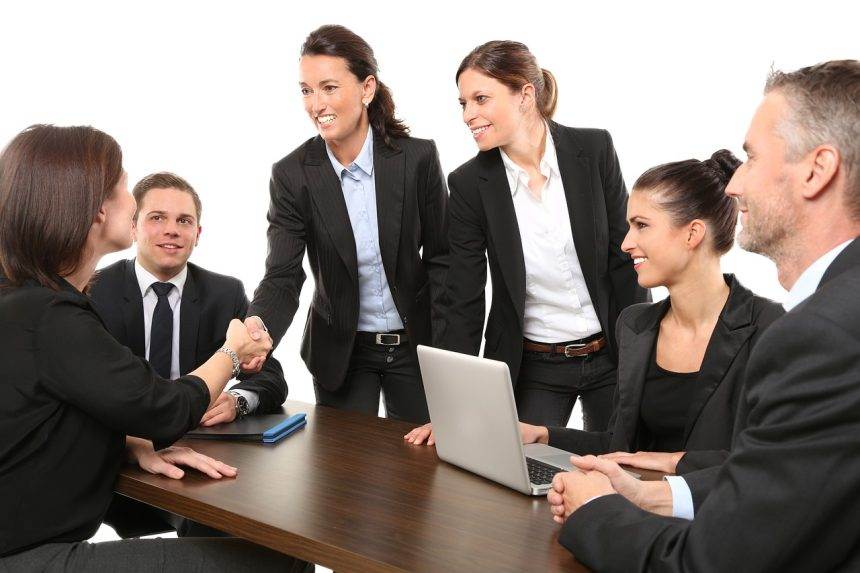 A team of employees in a meeting.