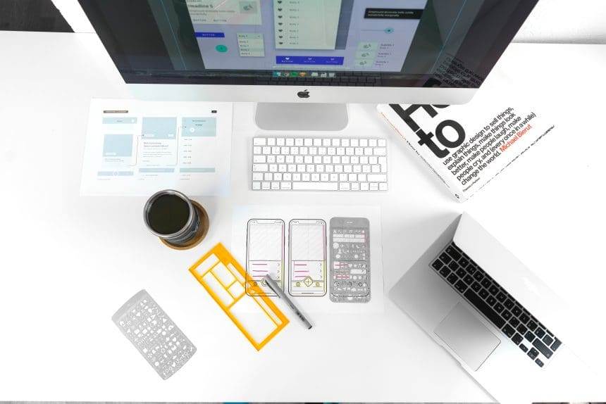 A top view of a laptop and computer.