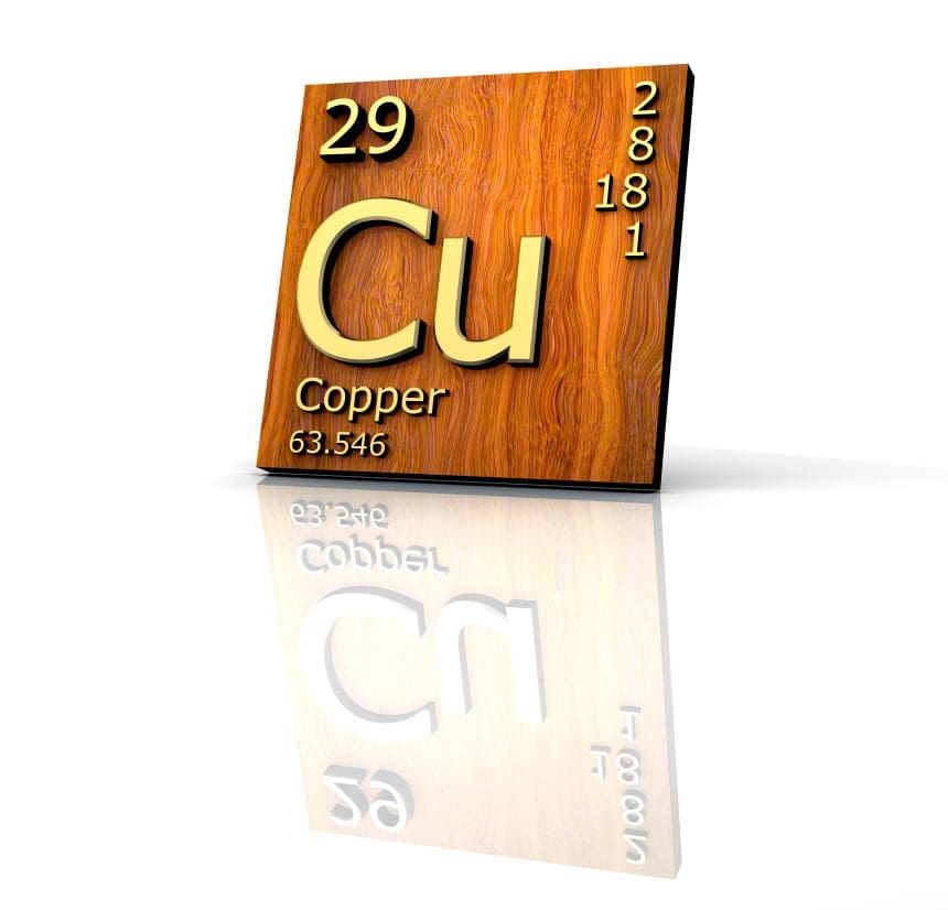 Copper periodic table element with atomic number 29 and symbol Cu.
