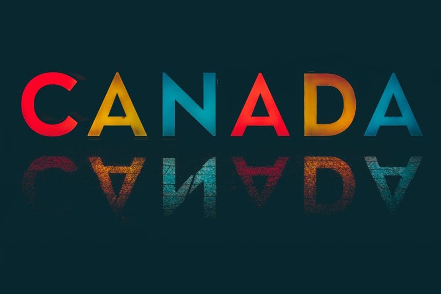 Colorful Canada text overlay on dark background.