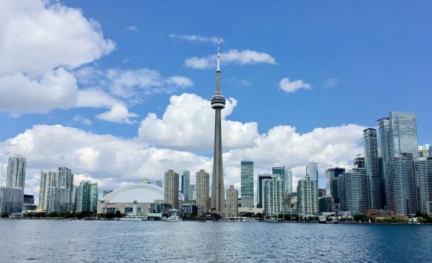 Toronto skyline with CN Tower and waterfront.
