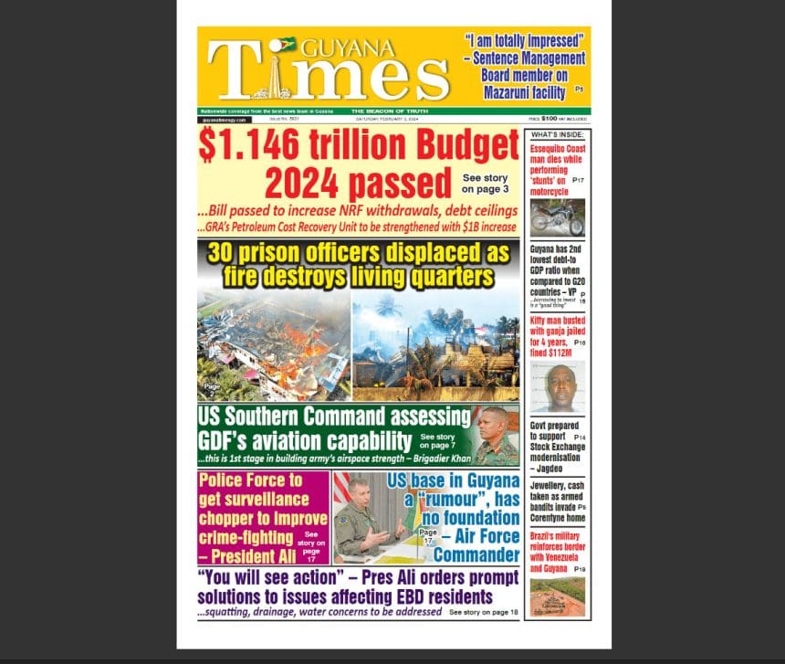 Guyana Times newspaper featuring 2024 budget and local news.