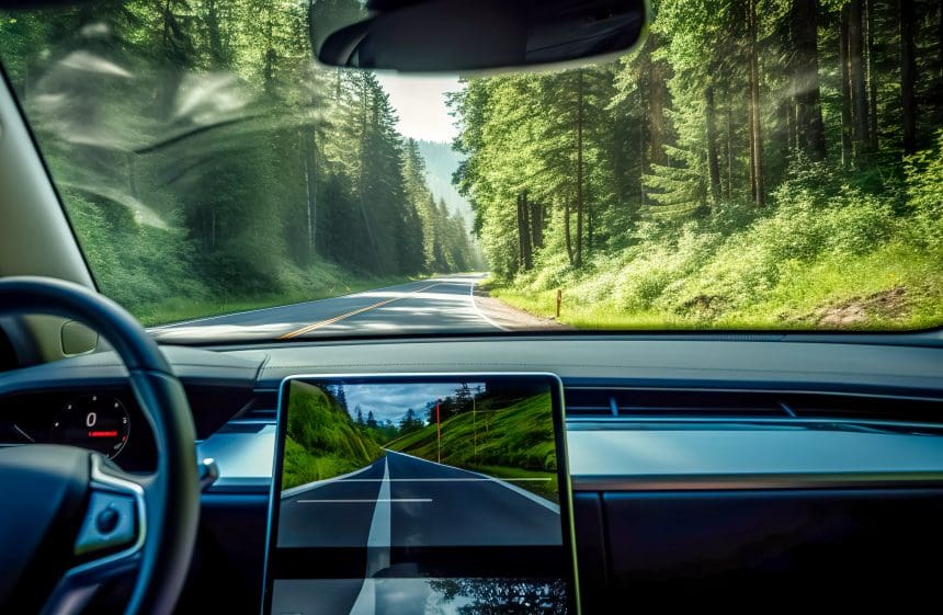 Autonomous car driving on a forest road.