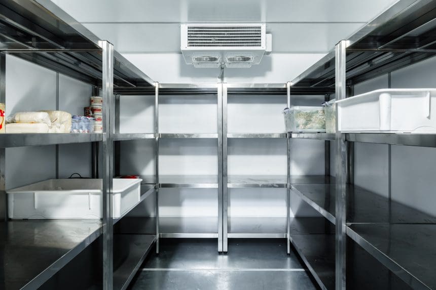 Empty commercial restaurant walk-in freezer with shelves